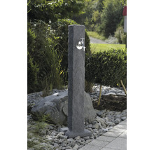 Scène de jardin avec une borne fontaine en pierre avec un robinet en métal.
