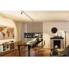 Salon avec table à manger, cheminée et système d''éclairage