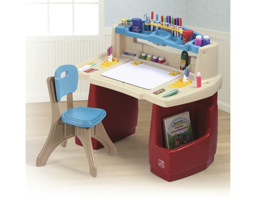 Bureau pour enfant avec chaise, comprenant stylos, peintures et papier