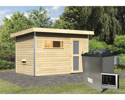 Chalet sauna Karibu Topas 1 avec poêle 9 kW et commande externe, avec portes en bois avec verre opale