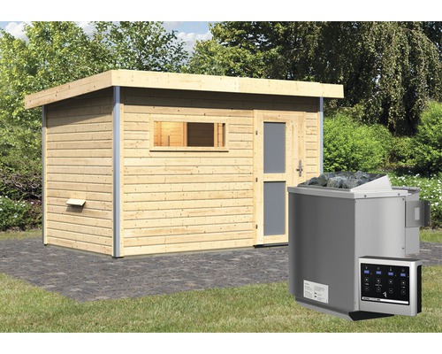 Chalet sauna Karibu Topas 1 avec poêle bio 9 kW et commande externe, avec portes en bois avec verre opale