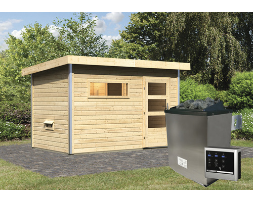 Chalet sauna Karibu Topas 1 avec poêle 9 kW et commande ext. avec vestibule et fenêtre avec porte en bois et verre transparent