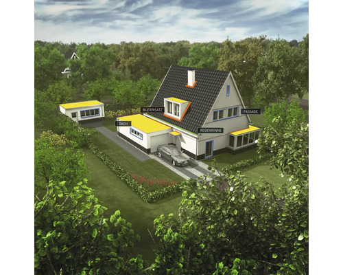 Illustration eines Hauses mit Dach, Fassade, Regenrinne und Bleiersatz.