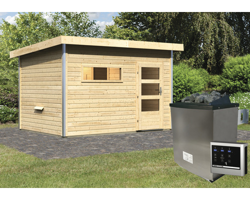 Chalet sauna Karibu Topas 2 avec poêle 9 kW et commande externe, avec portes en bois avec verre transparent