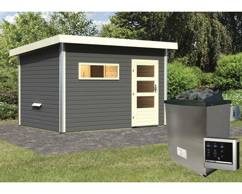 Chalet sauna Karibu Topas 2 avec poêle 9 kW et commande ext. avec porte en bois avec verre transparent gris terre/blanc