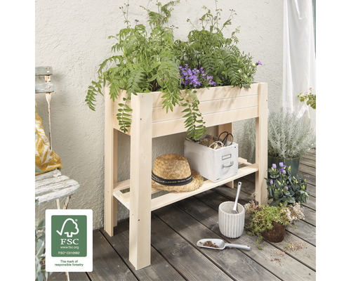 Jardinière surélevée en bois avec plantes et accessoires de jardinage