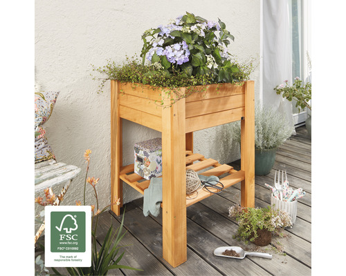 Jardinière sur pieds en bois avec étagère et bac à fleurs planté