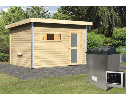 Chalet sauna Karibu Topas 2 avec poêle 9 kW et commande externe, avec portes en bois avec verre opale