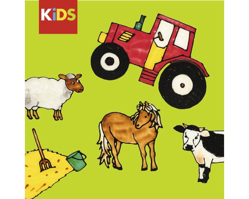 Illustration mit Tieren und einem Traktor für Kinder