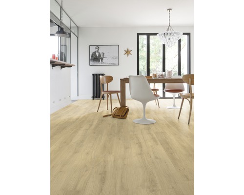 Heller Wohnraum mit Laminatboden in Holzoptik, Esstisch und Stühlen