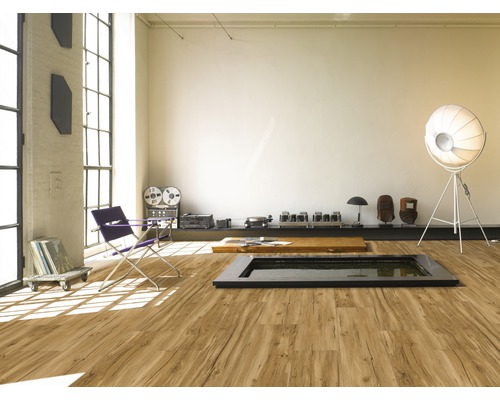 Salon avec plancher en bois, chaise et décorations