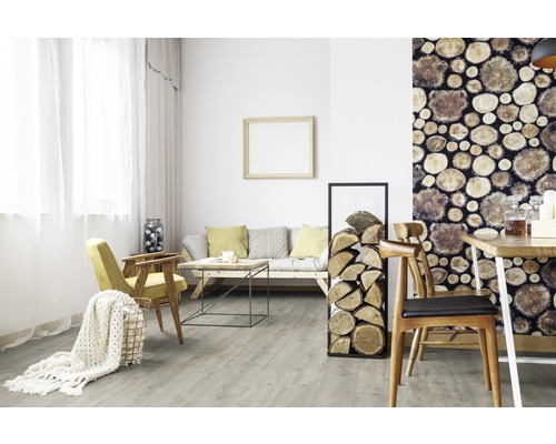 Salon lumineux avec canapé, fauteuil, table en bois, décoration et mur en bois