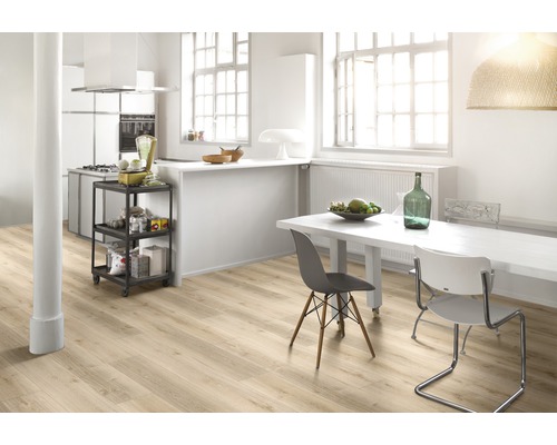 Heller Raum mit Küche, Essbereich und Holzboden