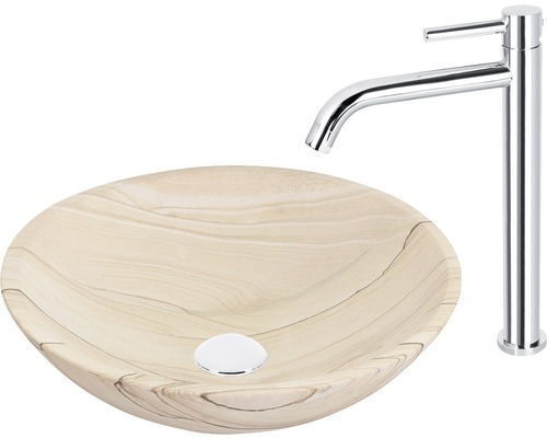 Aufsatzwaschbecken aus Keramik mit Armatur