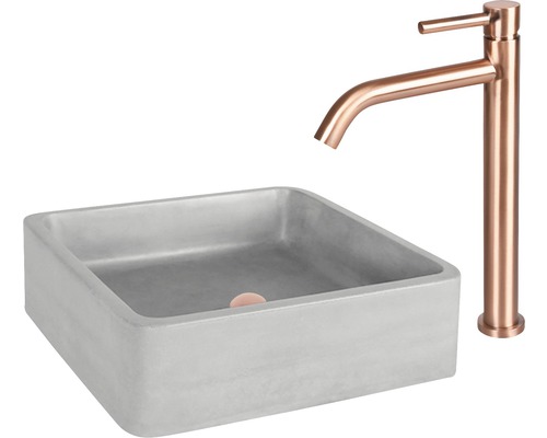 Aufsatzwaschbecken aus Beton mit Wasserhahn