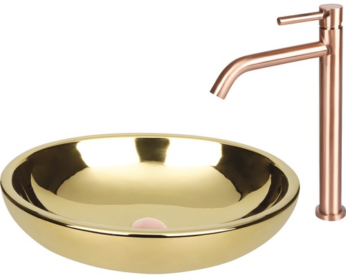 Goldfarbenes Aufsatzwaschbecken mit Armatur
