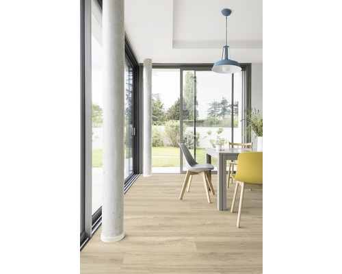 Pièce claire avec revêtement de sol aspect bois, table à manger et chaises