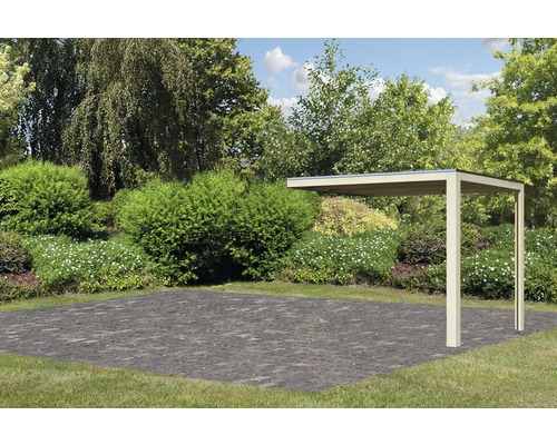 Freistehendes Carport im Garten mit Pflastersteinen