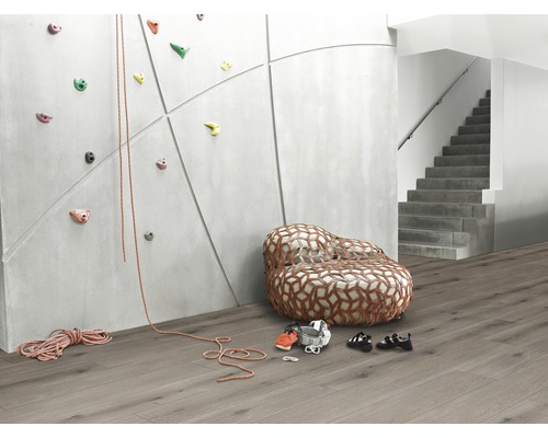 Vue d''ensemble d''une pièce avec mur d''escalade, coin salon, matériel d''escalade et escalier.