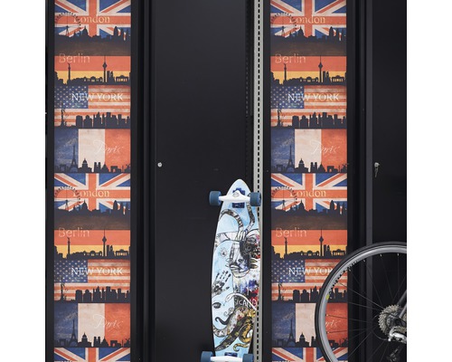 Skateboard devant des étagères avec des motifs de villes