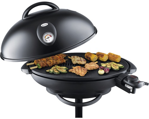 Elektrischer Gartengrill mit Speisen auf dem Grillrost