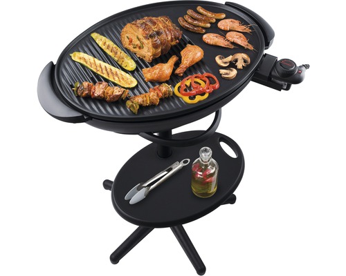 Elektrischer Grill mit Speisen wie Fleisch, Gemüse und Würstchen auf dem Grillrost.