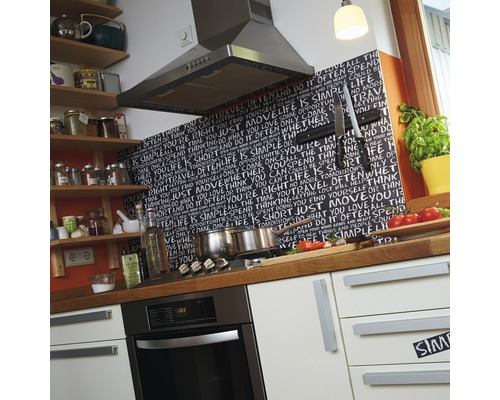 Scène de cuisine avec hotte aspirante, cuisinière, évier et plan de travail.