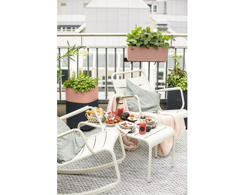 Scène de balcon avec table, chaises et jardinières plantées