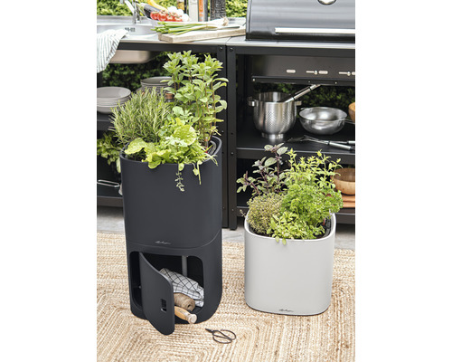 Deux jardinières avec des herbes aromatiques sur un tapis devant une cuisine extérieure.