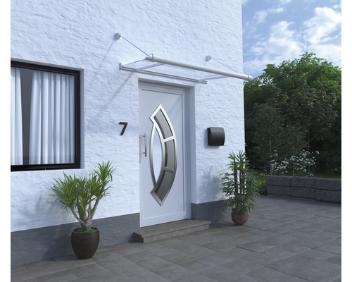 Aussenansicht eines Hauses mit Haustürvordach, Haustür, Briefkasten und Pflanzen