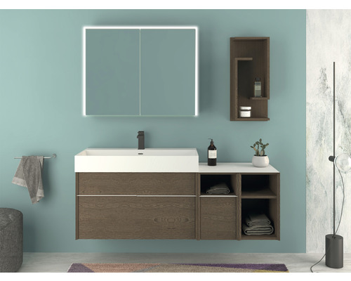 Salle de bains avec meuble-lavabo, armoire de toilette éclairée et étagères.