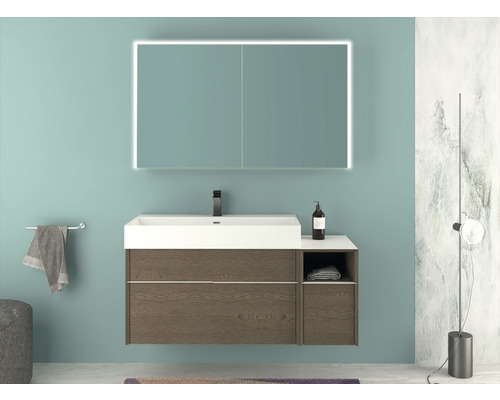 Salle de bains avec meuble sous-vasque, lavabo et armoire de toilette avec éclairage