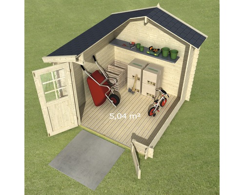 Abri de jardin avec porte ouverte, étagère et outils de jardin