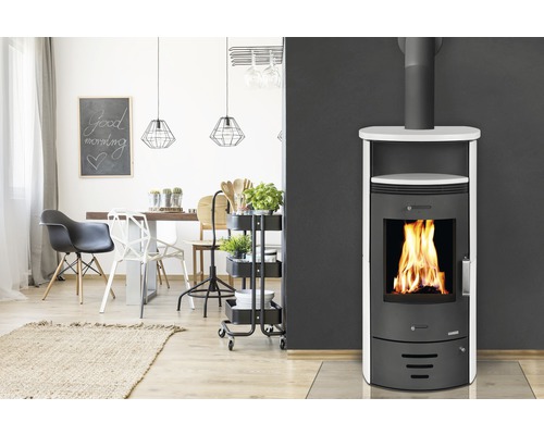 Salon avec poêle à bois, table à manger et décorations pour une ambiance chaleureuse