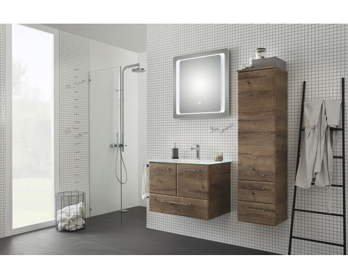 Salle de bains avec meuble sous-lavabo, armoire de toilette, armoire haute et douche