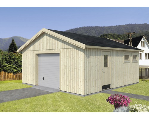 Garage Nordic+ Andre 28,5 m² avec portail sectionnel 603 x 622 cm naturel Garage en bois avec porte de garage, porte et fenêtres dans le jardin