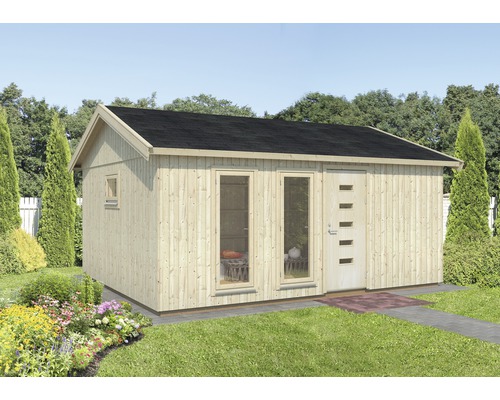 Abri de jardin en bois avec toit et fenêtres dans le jardin