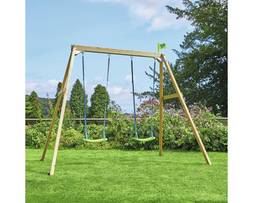 Balançoire en bois avec deux sièges de balançoire dans le jardin