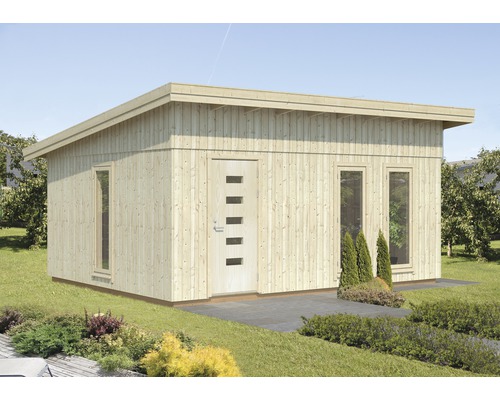 Abri de jardin moderne en bois avec toit plat, porte et fenêtres