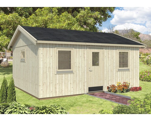 Abri de jardin Palmako Pernilla 21,5 m² avec plancher 595 x 492 cm naturel Abri de jardin en bois avec fenêtres et porte dans le jardin