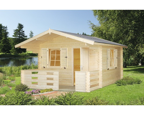 Abri de jardin Palmako Emma 10,4+4,2 m² avec plancher 394 x 490 cm naturel Maison de jardin en bois avec fenêtres, porte et terrasse dans le jardin