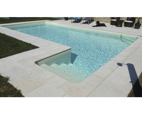 Schwimmbad mit Treppe und Steinumrandung im Garten