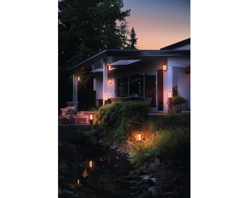 Maison éclairée avec jardin et étang le soir