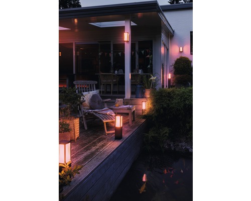 Terrasse illuminée avec lampes de jardin, mobilier de jardin et bassin