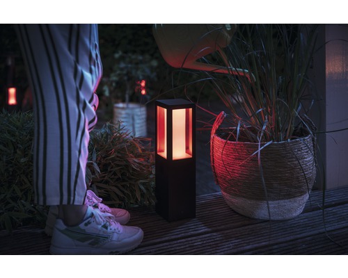 Ambiance de jardin avec éclairage de chemin, jardinière et personne arrosant.