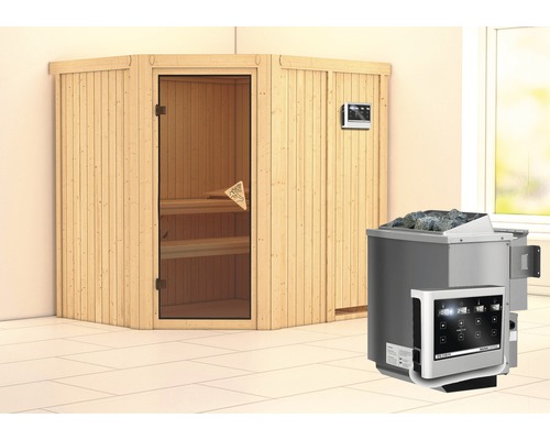 Sauna modulaire Karibu Siirinaa avec poêle Bio 9 kW et commande extérieure, sans couronne