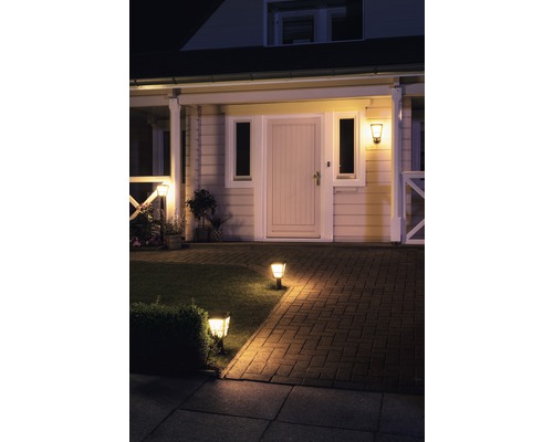 Beleuchteter Hauseingangsbereich mit Weg, Rasen und Aussenleuchten