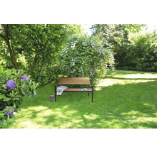 Garten mit Rasenfläche und Holzbank