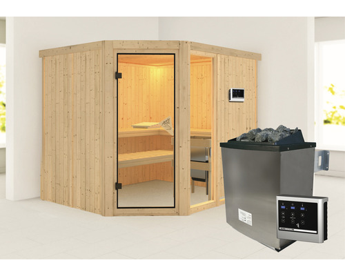 Elementsauna Karibu Siona 3 inkl. 9 kW Ofen u.ext.Steuerung ohne Dachkranz