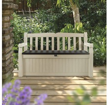 Gartenbank mit Stauraum auf einer Holzterrasse